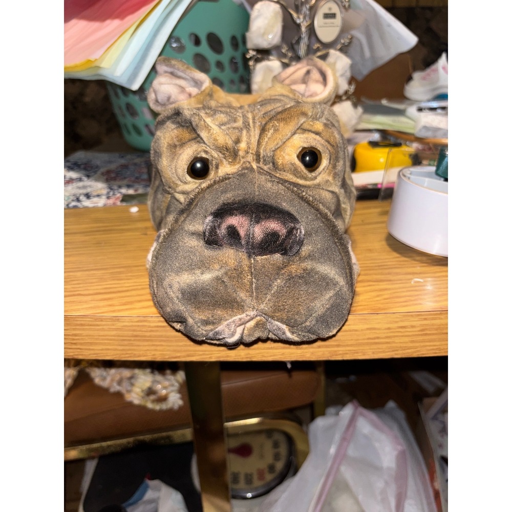 Kids Shar Pei Dog Plush Novelty Slippers Tan Brown Size M 9-10 Non-Slip Cozies
